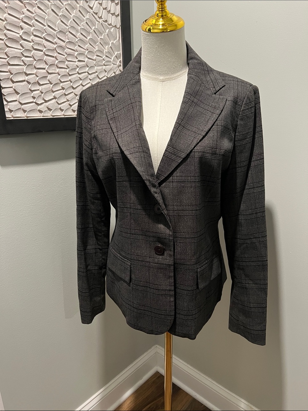 New York & Company Black and Gray Plaid Tailored Blazer